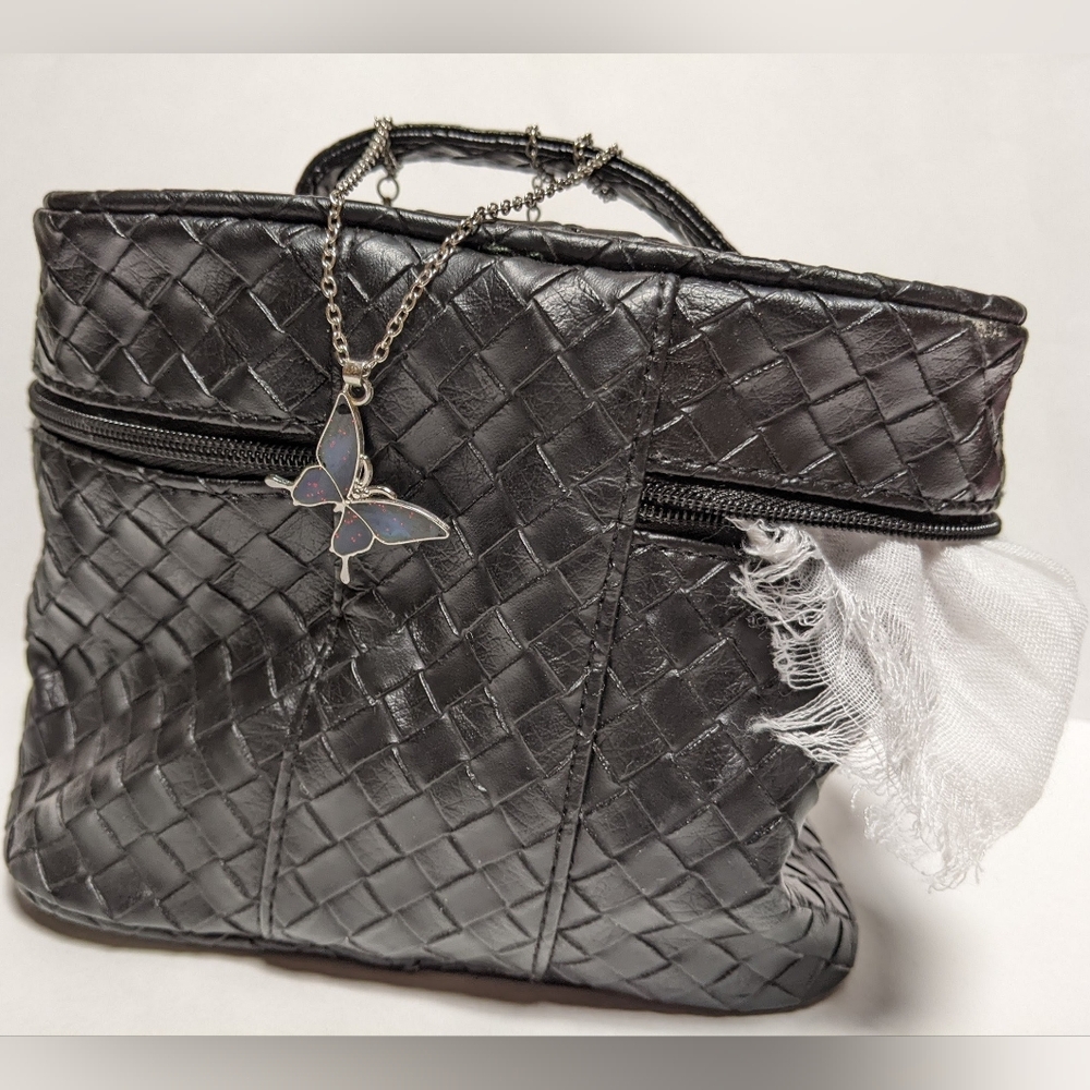 Vtg 02 Nwot Stephen Jones Shiseido bag Woven leather black train case Limited Ed